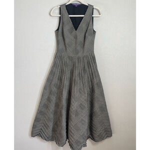 Ralph Lauren Collection Dress Women 8 Gray Midi Houndstooth Pleats Academia Twee